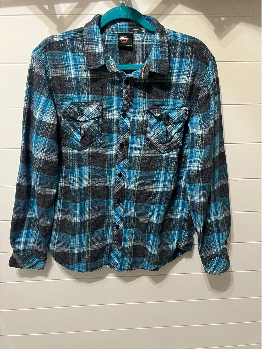 No Fear Boy’s Large Blue and Black Plaid Button-Up Shirt